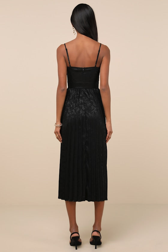 Regal Romance Sage Floral Jacquard Pleated Satin Midi Dress