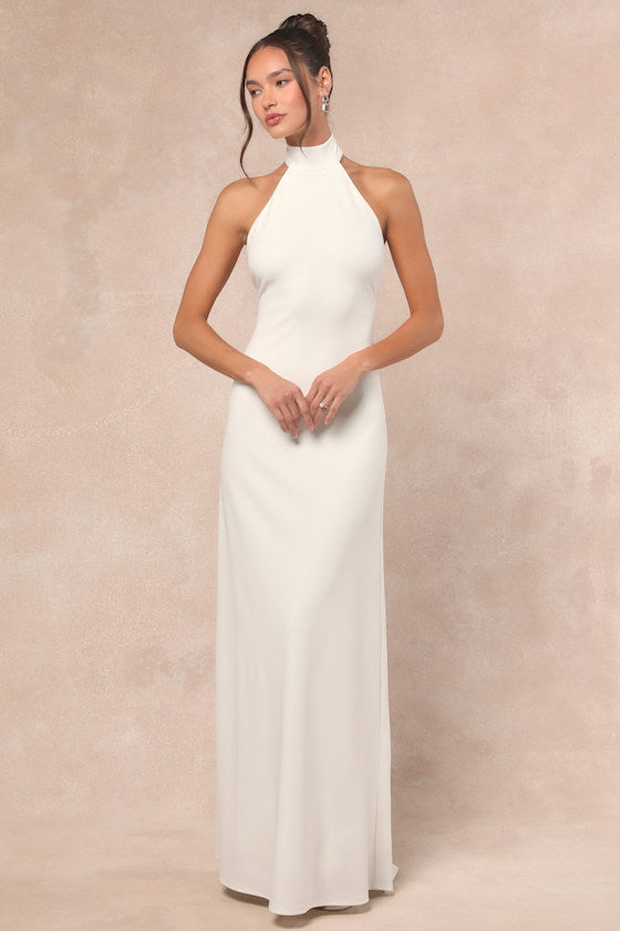 Alaura White Backless Halter Maxi Dress #Color_White