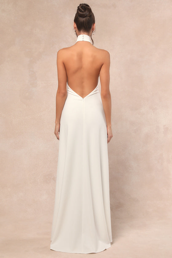Alaura White Backless Halter Maxi Dress #Color_White