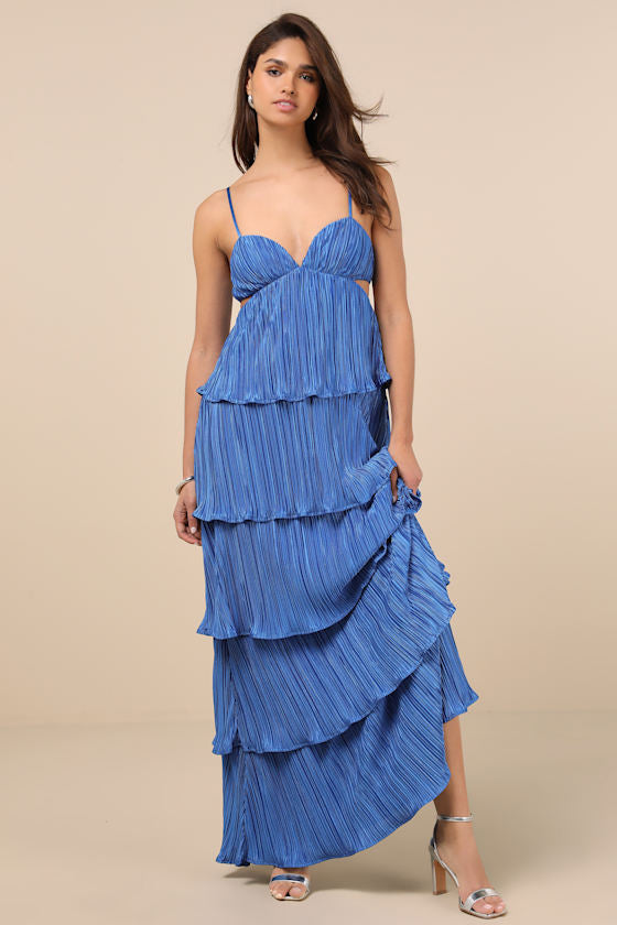 Kanya Blue Satin Plisse Tiered Maxi Dress #Color_Blue
