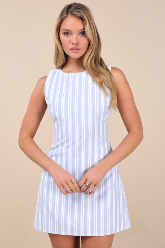 Alyvia Blue and White Striped Sleeveless Mini Dress #Color_Blue and White Striped