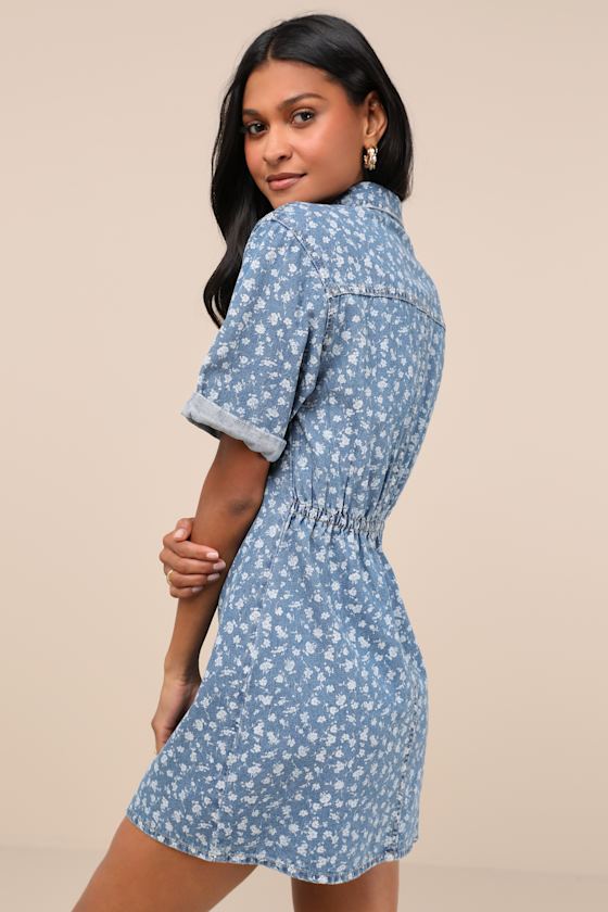 Renske Light Wash Floral Print Denim Mini Dress #Color_Light Wash Floral Print