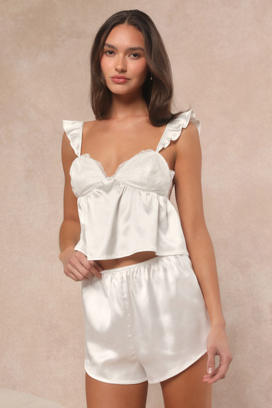 Keona Ivory Satin Lace Ruffled Two-Piece Pajama Set #Color_Ivory