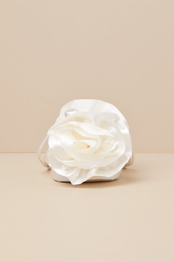 Reeta Ivory Satin Rosette Bucket Bag #Color_Ivory