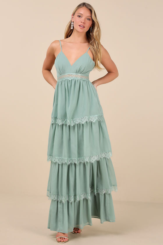 Reed Light Yellow Tiered Lace Maxi Dress