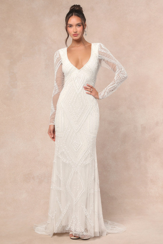 Deedra White Sequin Beaded Backless Maxi Dress #Color_White