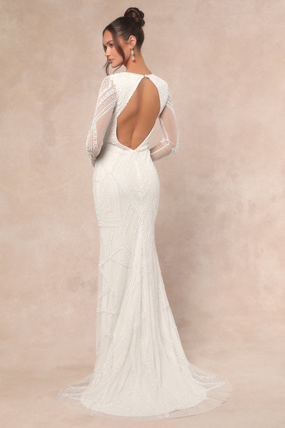 Deedra White Sequin Beaded Backless Maxi Dress #Color_White