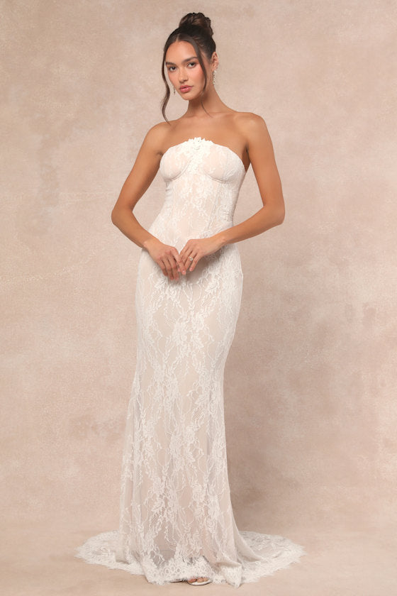 Valeria White Lace Strapless Bustier Maxi Dress #Color_White