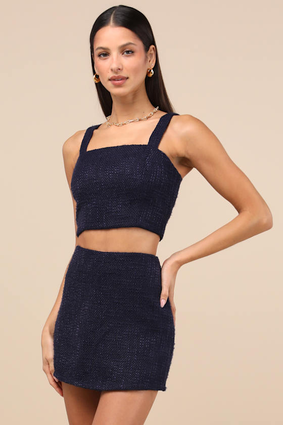 Elevated Attitude Blue Tweed Sleeveless Two-Piece Skort Romper