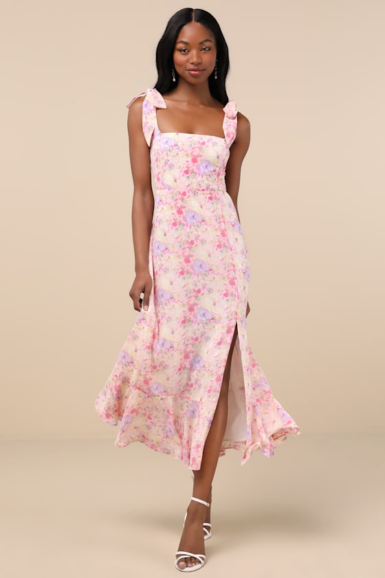 Summer Invite White and Blue Toile Tie-Strap Tiered Midi Dress #Color_Pink Multi Floral