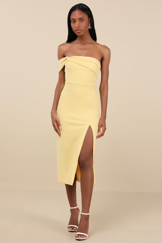 Twist and Make Up Light Yellow One-Shoulder Bodycon Midi Dress #Color_Light Yellow