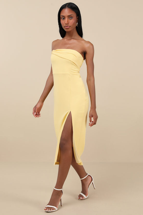 Twist and Make Up Light Yellow One-Shoulder Bodycon Midi Dress #Color_Light Yellow