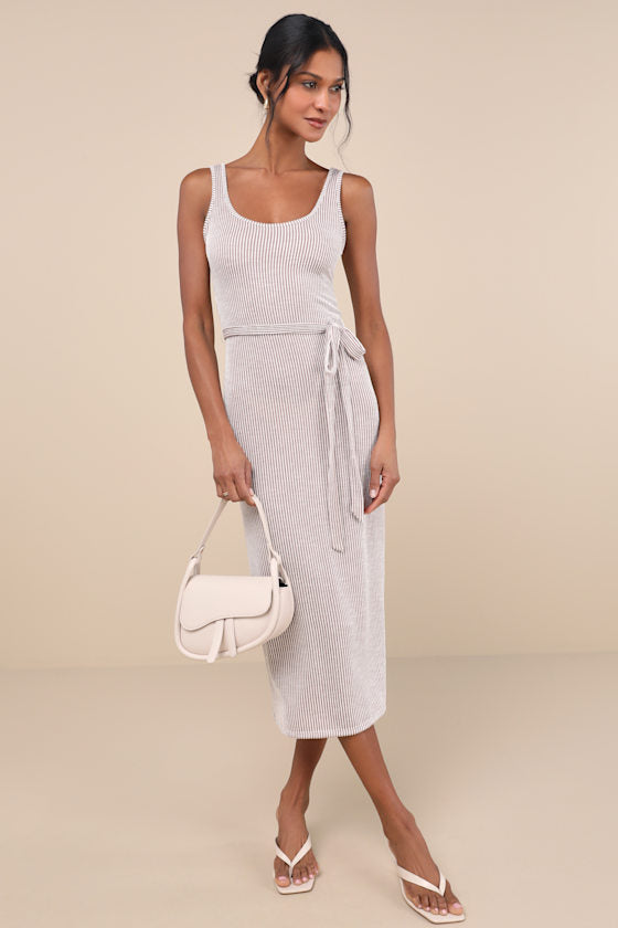 Summer Perfection Olive and Ivory Striped Ribbed Midi Dress