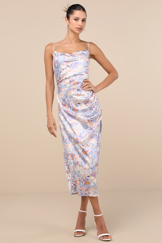 Truest Romance Slate Floral Print Sleeveless Ruched Midi Dress #Color_Slate Floral Print
