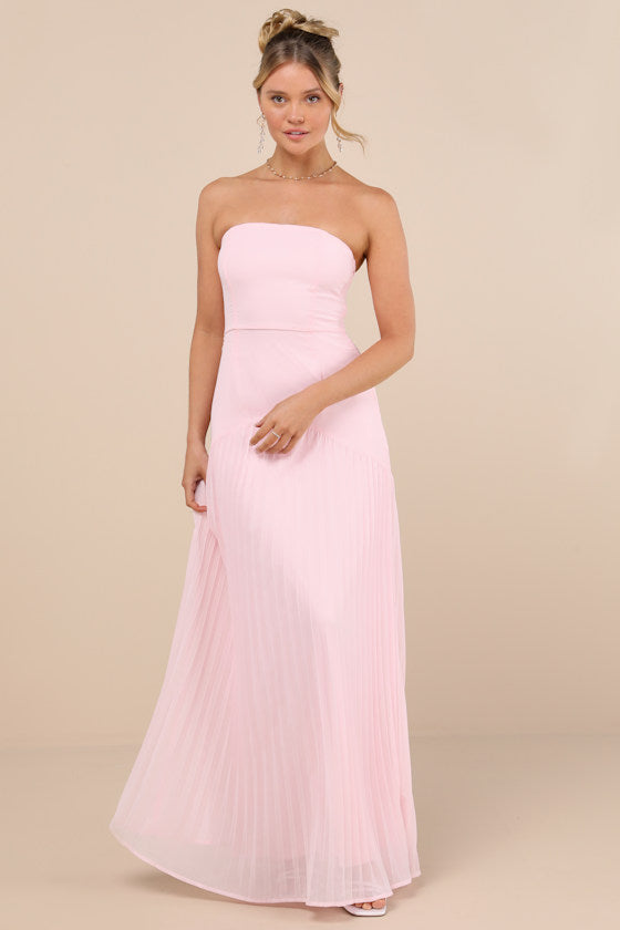 Celebratory Aesthetic Pink Floral Pleated Strapless Maxi Dress #Color_Blush Pink