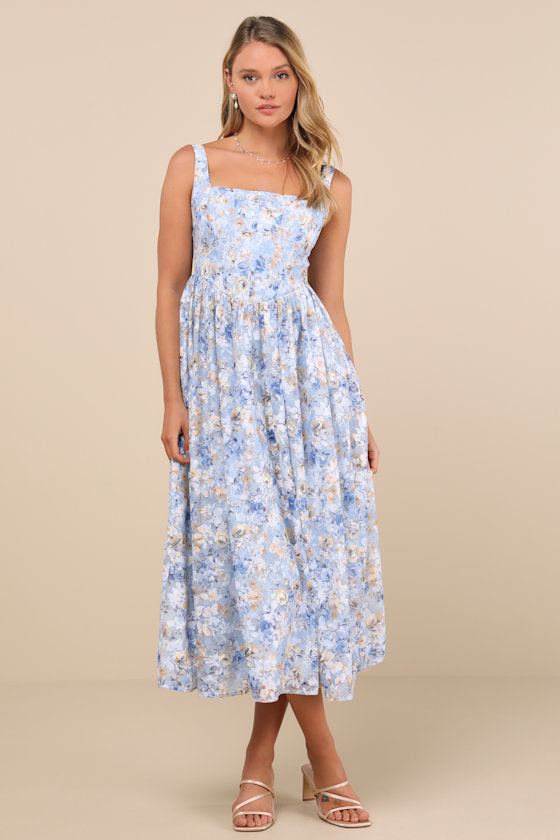 Colwyn Blue Floral Jacquard Bustier Midi Dress