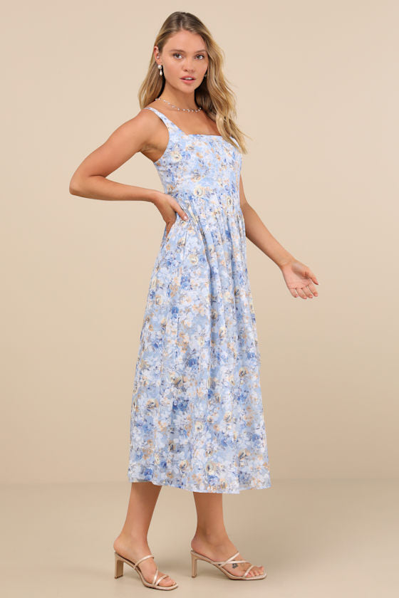 Colwyn Blue Floral Jacquard Bustier Midi Dress