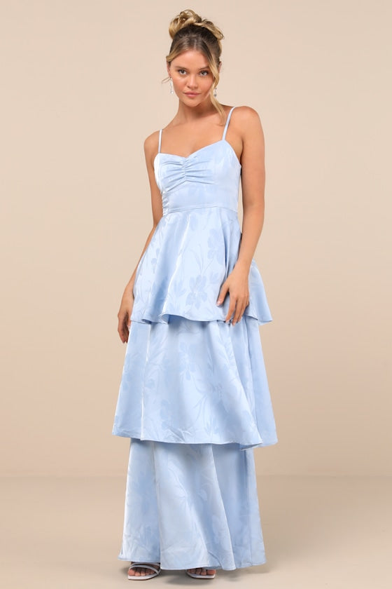 Prigette Light Blue Jacquard Tiered Maxi Dress #Color_Light Blue