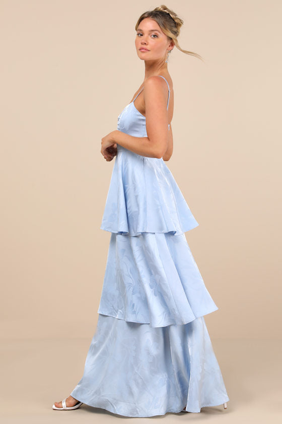 Prigette Light Blue Jacquard Tiered Maxi Dress #Color_Light Blue