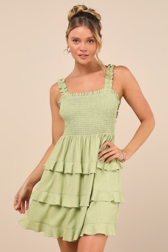 Super Sweet Light Blue Smocked Ruffled Tie-Back Mini Dress