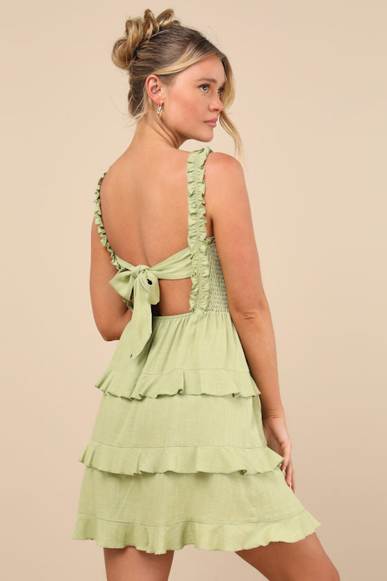 Super Sweet Light Blue Smocked Ruffled Tie-Back Mini Dress
