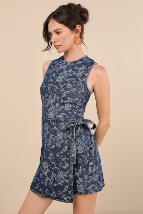 Albena Dark Wash Floral Denim Sleeveless Mini Wrap Dress #Color_Dark Wash Floral