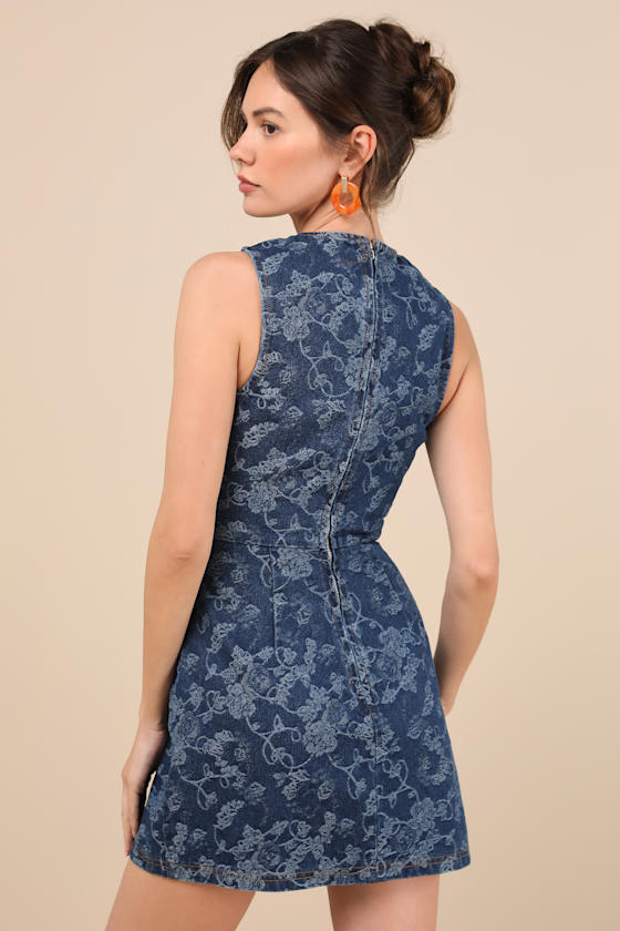 Albena Dark Wash Floral Denim Sleeveless Mini Wrap Dress #Color_Dark Wash Floral
