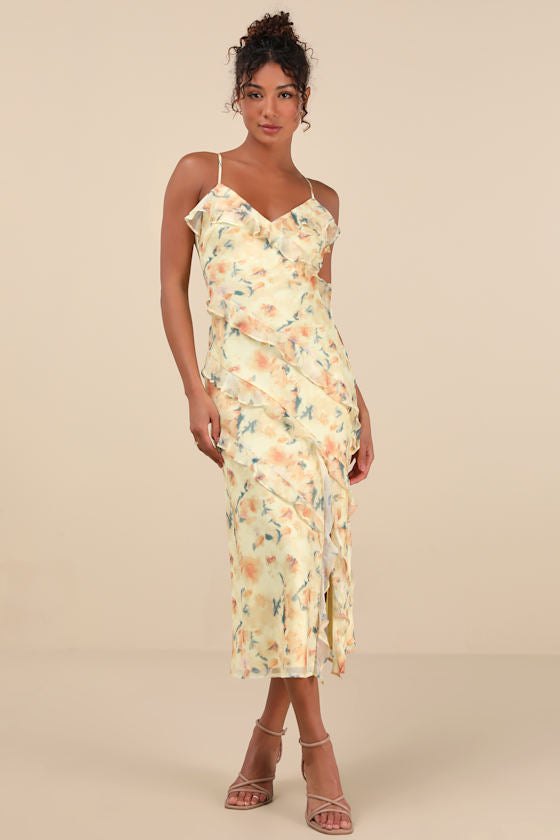 Dreamy Personality Yellow Floral Ruffled Sleeveless Midi Dress #Color_Yellow Floral