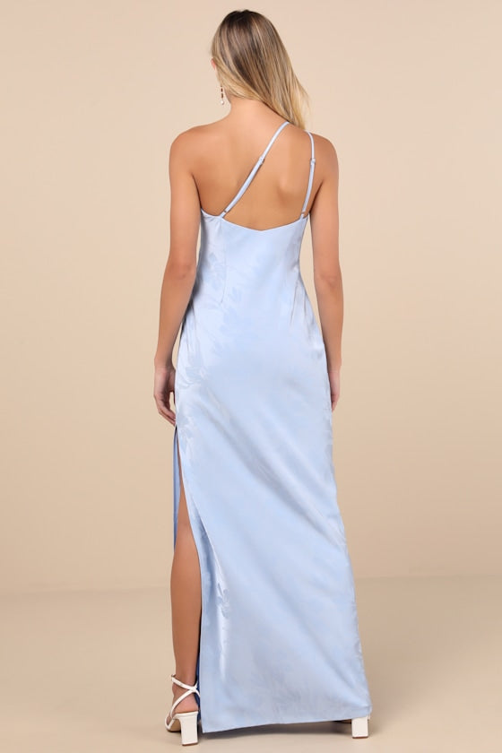 Nadra Light Blue Satin Jacquard One-Shoulder Maxi Dress #Color_Light Blue