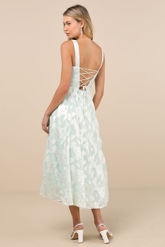 Loira Mint Burnout Jacquard Lace-Up Midi Dress #Color_Mint