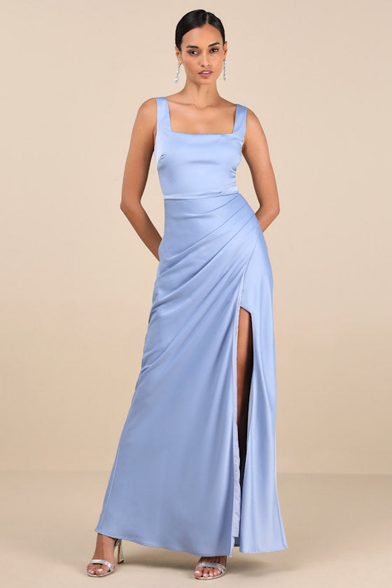 Red Carpet Romance Light Blue Satin Square Neck Maxi Dress #Color_Light Blue