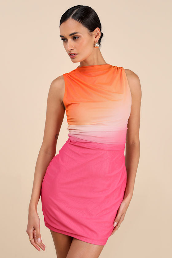 Jasmijn Pink and Orange Ombre Mesh Sleeveless Mini Dress #Color_Pink and Orange Ombre
