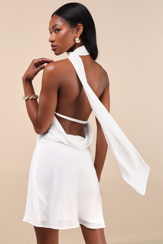 Isloda Ivory One-Shoulder Backless Sash Mini Dress #Color_Ivory