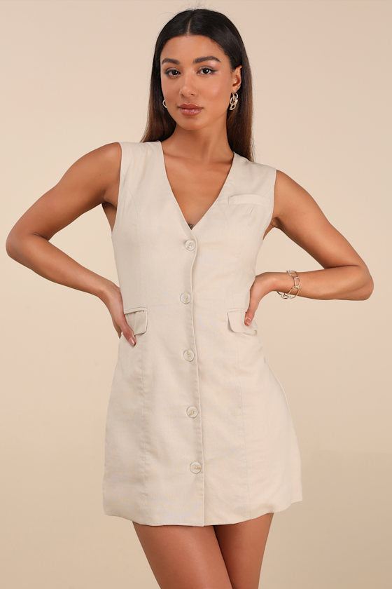 Mairi Beige Linen Button-Front Sleeveless Mini Dress #Color_Beige