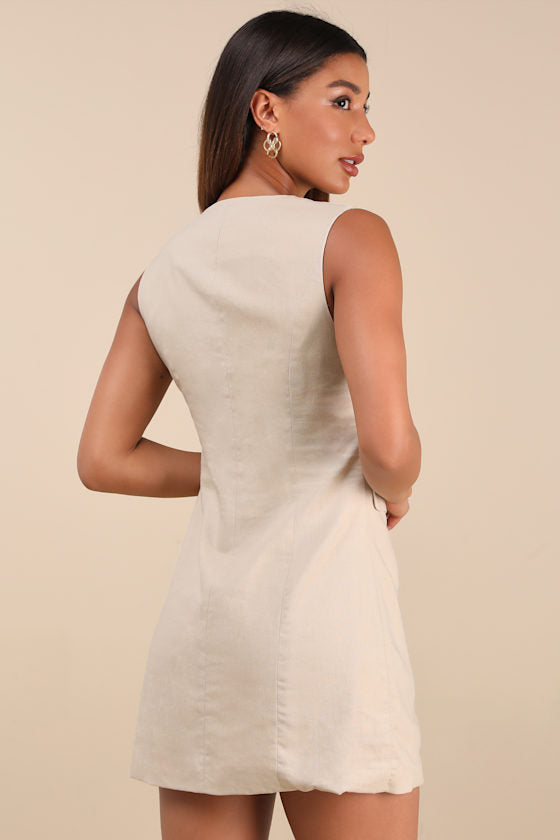 Mairi Beige Linen Button-Front Sleeveless Mini Dress