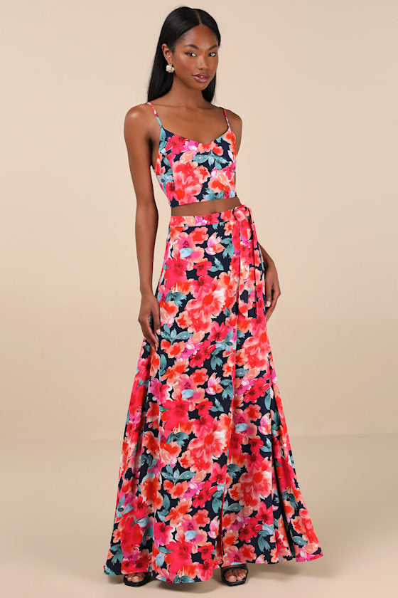Bloom With a View Pink Floral Print Two-Piece Maxi Dress #Color_Dark Blue Floral Print