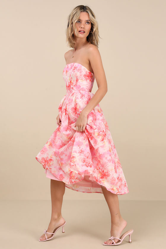 Eulalia Pink Floral Lace-Up Strapless Bustier Midi Dress