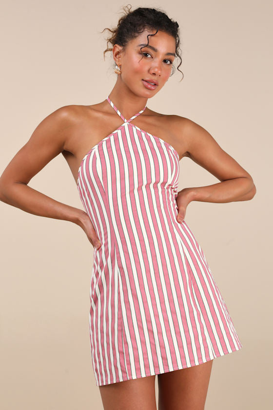 Madelia Green Striped Halter Mini Dress