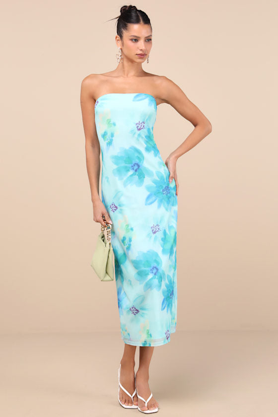 Jaylah Brown Polka Dot Mesh Strapless Midi Dress #Color_Aqua Blue Floral