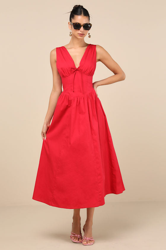 Lettie Red Poplin Plunge Neck Midi Dress #Color_Red