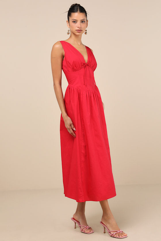 Lettie Red Poplin Plunge Neck Midi Dress #Color_Red