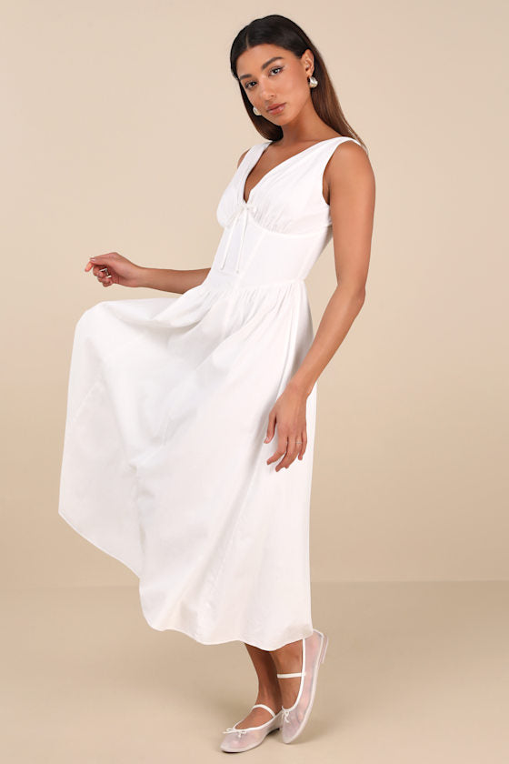 Lettie Navy Poplin Plunge Neck Midi Dress