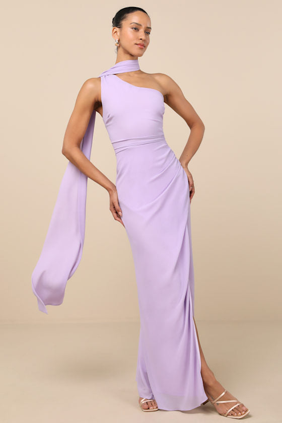 Adeline Lavender One-Shoulder Scarf Maxi Dress #Color_Lavender