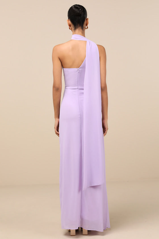 Adeline Lavender One-Shoulder Scarf Maxi Dress #Color_Lavender