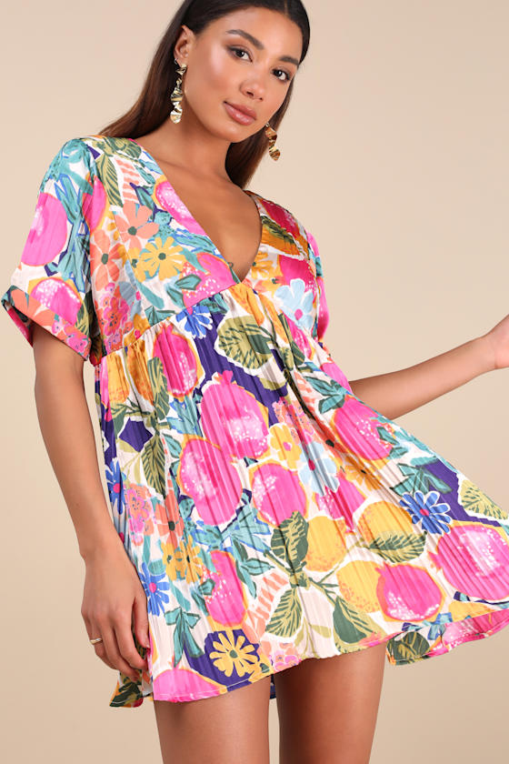Express Yourself Pink Multi Floral Print Satin Babydoll Dress #Color_Pink Multi Floral Print