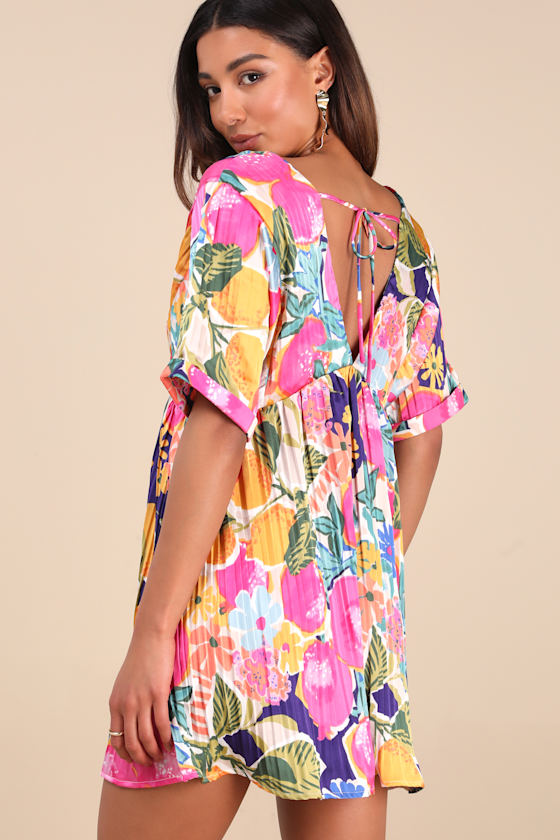 Express Yourself Pink Multi Floral Print Satin Babydoll Dress #Color_Pink Multi Floral Print