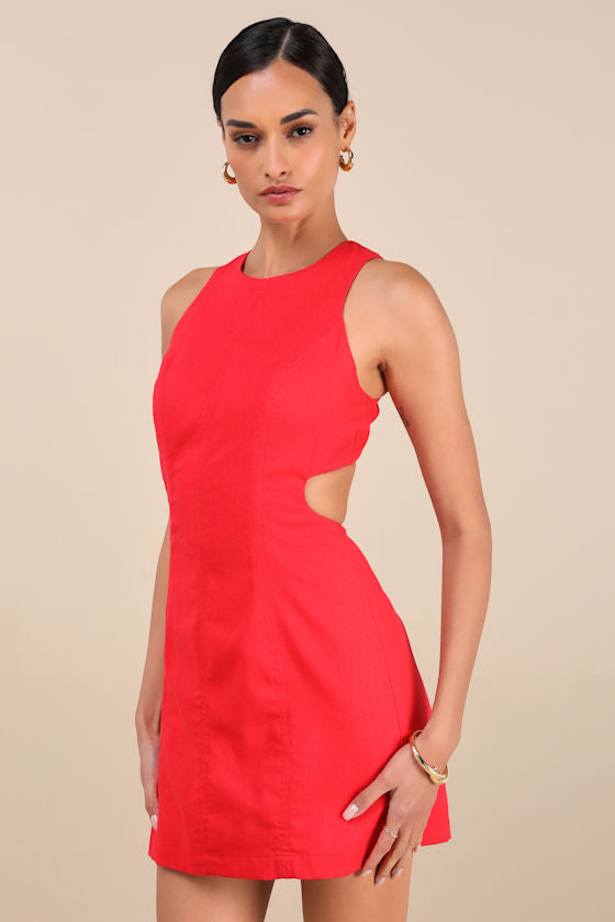 Alouette Red Linen Cutout Mini Dress #Color_Red