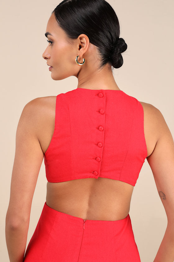 Alouette Red Linen Cutout Mini Dress #Color_Red