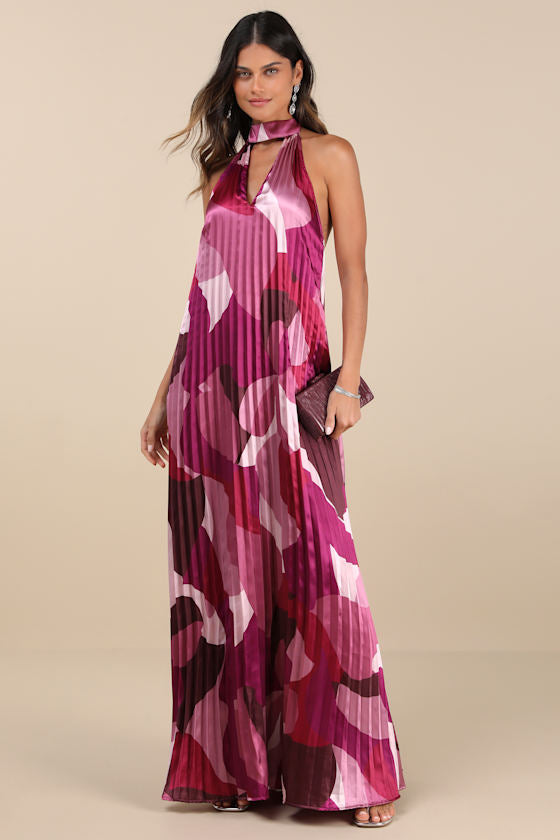 Prime Poise Green and Blue Abstract Satin Halter Maxi Dress #Color_Pink Multi Abstract