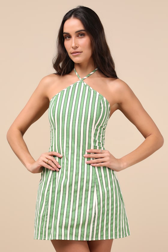 Madelia Tan Striped Halter Mini Dress #Color_Green Striped